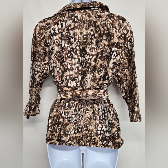 Kate Hill 6P Petite Linen Blend Collared Button Down Belted Animal Print - Picture 5 of 7